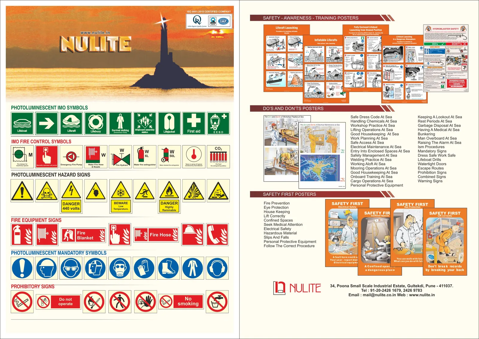 Nulite IMO signage catalogue — photo-luminescent symbols, fire control and hazard signs alongside safety awareness and training posters