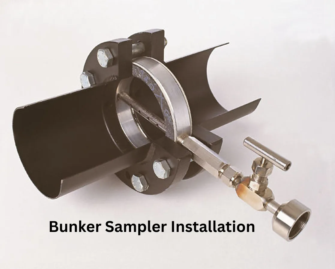 Bunker sampler installation — flanged spool piece with sampling probe and needle valve, MARPOL Annex VI compliant, Torque Technics Pune